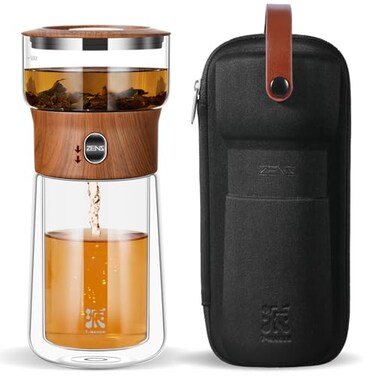 ZENS Modern Glass Infuser Teapot One Touch Tea Maker for Loose Leaf Tea with Insulated Mug and Portable Case Enchanted Pot Alternatives for Tea Lover Gifts