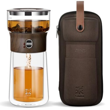 ZENS Modern Glass Infuser Teapot One Touch Tea Maker for Loose Leaf Tea with Insulated Mug and Portable Case Enchanted Pot Alternatives for Tea Lover Gifts