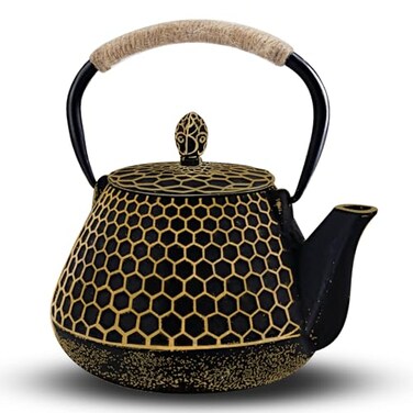 Dachenus Cast Iron Tea Pot Honeycomb Pattern Tea Kettle with Tea Leaf InfuserStovetop Tea Kettle Coated with Enameled InteriorSuitable for Brewing Loose Leaf Tea Gold