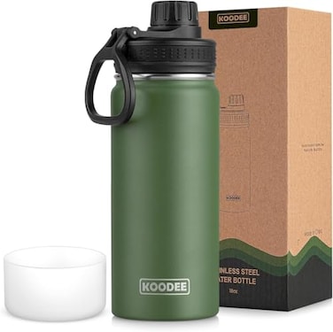 koodee Insulated Water Bottle 18 oz Stainless Steel Double Wall Vacuum Wide Mouth Sport Bottle with Leakproof Spout Lid Grass Green