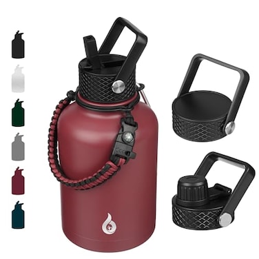 BJPKPK Insulated Water Bottles with Straw Lid 50oz Large Water Jug Stainless Steel Vacuum Bottles Hot Cold Thermo with 3 Lids and Paracord HandleBrick Red
