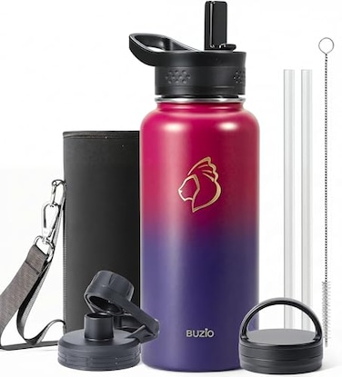 BUZIO 32 oz Water Bottle Insulated with Straw 3 lid and Carrying Pouch Leak Proof AntiSlip Stainless Steel Water Flask Jug Cold for 48 Hrs Double Vacuum Thermo Canteen Pearlescent Red Black