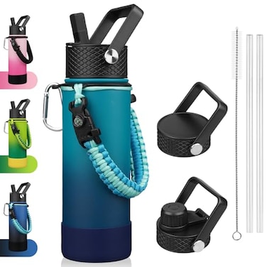 BJPKPK Insulated Water Bottle with Straw Lid 22oz Thermal Flasks Water Bottles with 3 Lids Paracord Handle Nonslip Boot BPA Free Leak Proof Stainless Steel TumblersVast