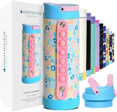 Elemental Iconic Kids Water Bottle for School 100 LeakProof Insulated Water Bottles with Straw Lid PopIt Handle for Boys Girls TripleWall Insulated BPAFree 14oz Pastel Leopard