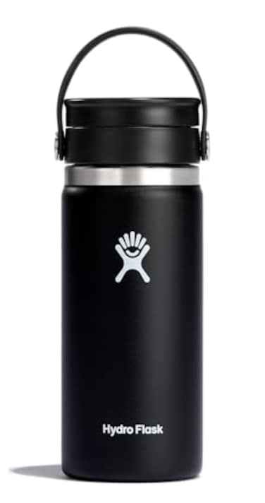 Hydro Flask Water Bottle Insulated Stainless Steel Wide Mouth Flex Lid Non Spill Leakproof and Refillable in 16 Oz Black