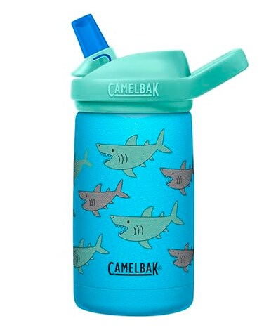 CamelBak Eddy Kids Insulated Stainless Steel Water Bottle with Bite Valve Straw LeakResistant Design for Everyday Hydration 12oz School of Sharks
