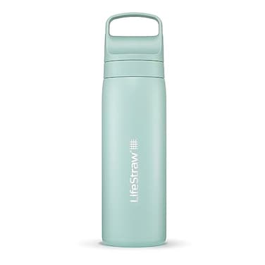 LifeStraw Go Series Insulated Stainless Steel Water Filter Bottle for Travel and Everyday Use Removes Bacteria Parasites and Microplastics Improves Taste 18oz Seafoam