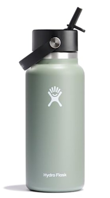 Hydro Flask Water Bottle Insulated Stainless Steel Wide Mouth Flex Straw Lid Non Spill Leakproof and Refillable in Agave 32 Oz