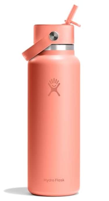 Hydro Flask Water Bottle Insulated Stainless Steel Wide Mouth Flex Straw Lid Non Spill Leakproof and Refillable in 40 Oz Sunglow