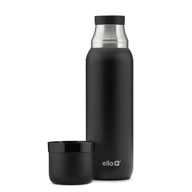 Ello Therma 32oz Insulated Stainless Steel Thermos for Hot Cold Beverages with Leak Proof Lid Builtin Cup Triple Wall Insulation Hot 24 Hrs Perfect for CoffeeTea Dishwasher Safe Black