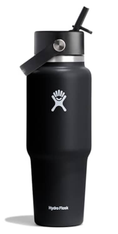 Hydro Flask Travel Water Bottle Insulated Stainless Steel Wide Straw Lid Non Spill Leakproof in 32 Oz Black