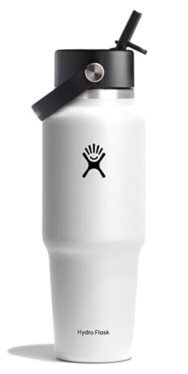Hydro Flask Travel Water Bottle Insulated Stainless Steel Wide Straw Lid Non Spill Leakproof in 32 Oz White