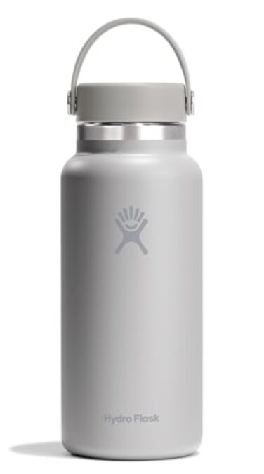 Hydro Flask Water Bottle Insulated Stainless Steel Wide Mouth Flex Lid Non Spill Leakproof and Refillable in 32 Oz Brich Gray
