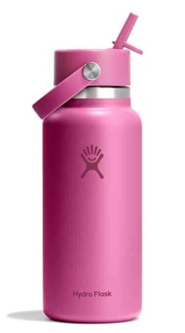 Hydro Flask Water Bottle Insulated Stainless Steel Wide Mouth Flex Straw Lid Non Spill Leakproof and Refillable in 32 Oz Reef Pink