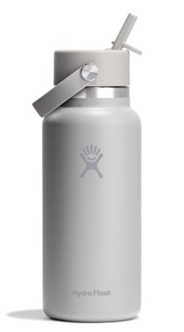 Hydro Flask Water Bottle Insulated Stainless Steel Wide Mouth Flex Straw Lid Non Spill Leakproof and Refillable in 32 Oz Tonal Birch