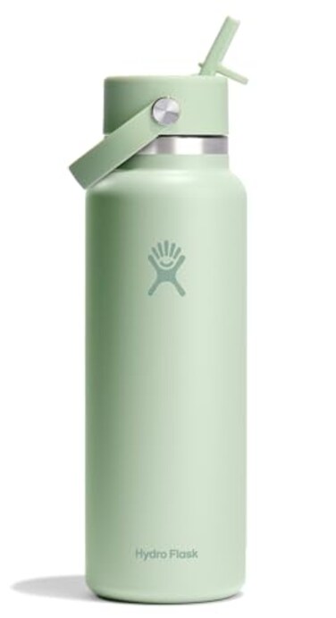 Hydro Flask Water Bottle Insulated Stainless Steel Wide Mouth Flex Straw Lid Non Spill Leakproof and Refillable in 40 Oz Aloe Green
