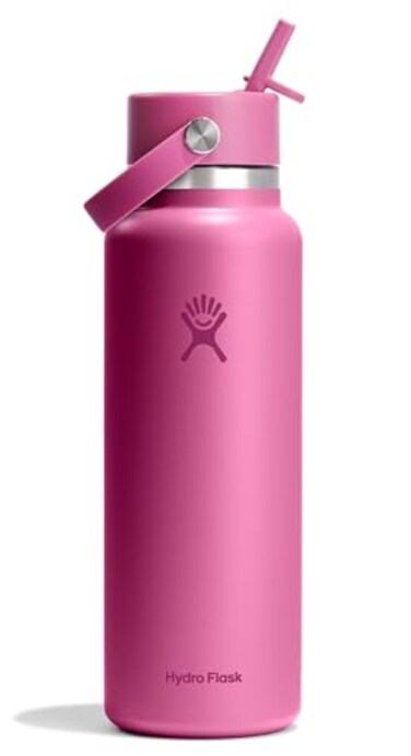 Hydro Flask Water Bottle Insulated Stainless Steel Wide Mouth Flex Straw Lid Non Spill Leakproof and Refillable in 40 Oz Reef Pink