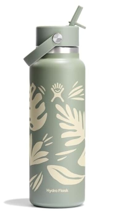 Hydro Flask Water Bottle Insulated Stainless Steel Wide Mouth Flex Straw Lid Non Spill Leakproof and Refillable in 40 Oz Botanical Bliss Agave