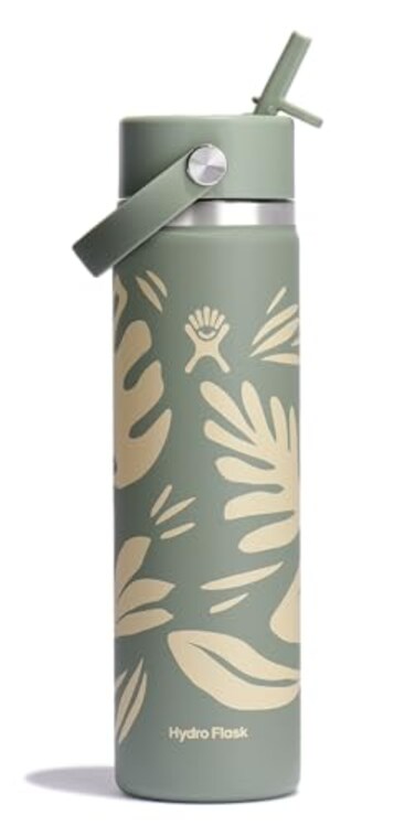 Hydro Flask Water Bottle Insulated Stainless Steel Wide Mouth Flex Straw Lid Non Spill Leakproof and Refillable in 24 Oz Botanical Bliss Agave