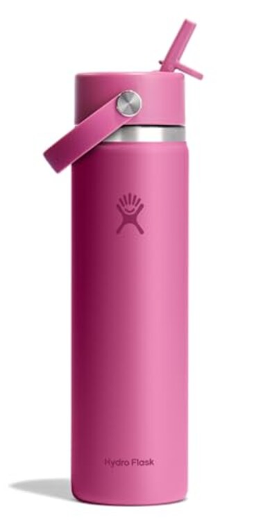 Hydro Flask Water Bottle Insulated Stainless Steel Wide Mouth Flex Straw Lid Non Spill Leakproof and Refillable in 24 Oz Reef Pink