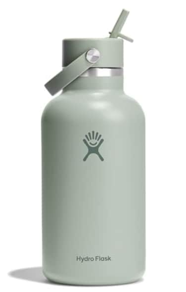 Hydro Flask Water Bottle Insulated Stainless Steel Wide Mouth Flex Straw Lid Non Spill Leakproof and Refillable in 64 Oz Tonal Agave