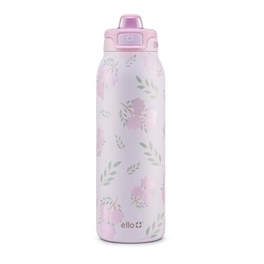 Ello Pop Fill 32oz Stainless Steel Water Bottle with QuickFill Technology Double Walled and Vacuum Insulated Metal Leak Proof Locking Lid Straw and Chug Reusable BPA Free Blossom Bliss
