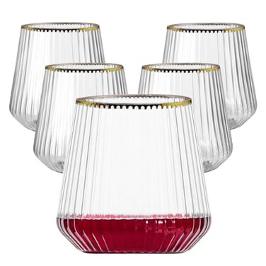 Lueumxc 40 Pack Plastic Ribbed Wine Glasses 14Oz Origami Disposable Wine Glasses Unbreakable Clear Plastic Cocktail Glasses Recyclable Shatterproof Reusable Wine Cups 14ozGold Rim 40pack