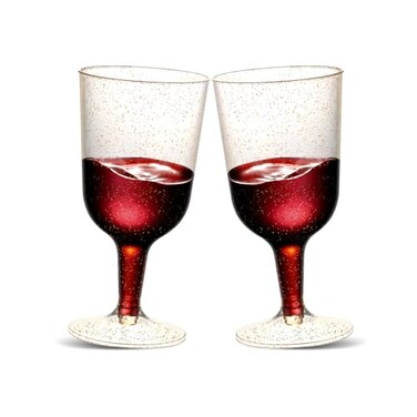 TENYASEN 30 Pack 6oz Plastic Wine Glasses Disposable Gold Glitter Mini Stemware with Removable Base for Weddings Parties Champagne Toasting