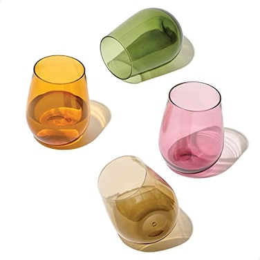 TOSSWARE RESERVE 16oz Stemless Wine Color Series SET OF 4 Premium Quality Tritan Dishwasher Safe Heat Resistant Unbreakable Plastic Drinking Glasses