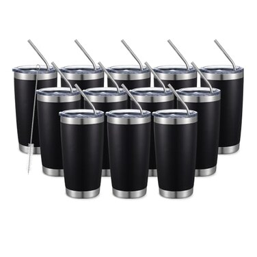 COMOOO 20oz Double Wall Vacuum Insulated Travel Mug Stainless Steel Tumbler with Lid and Straw Durable Powder Coated Insulated Coffee Cup for Cold Hot Drinks Black 12 pack