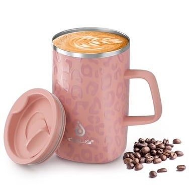 Ideus Vacuum Insulated Coffee Mug 16oz Reusable Stainless Steel Thermal Double Walled cup with Handle and Slider Lid for Hot Cold Beverages BPA Free Leapord Pink