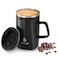 Ideus Vacuum Insulated Coffee Mug 16oz Reusable Stainless Steel Thermal Double Walled cup with Handle and Slider Lid for Hot Cold Beverages BPA Free Leapord Black