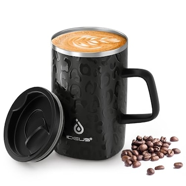 Ideus Vacuum Insulated Coffee Mug 16oz Reusable Stainless Steel Thermal Double Walled cup with Handle and Slider Lid for Hot Cold Beverages BPA Free Leapord Black