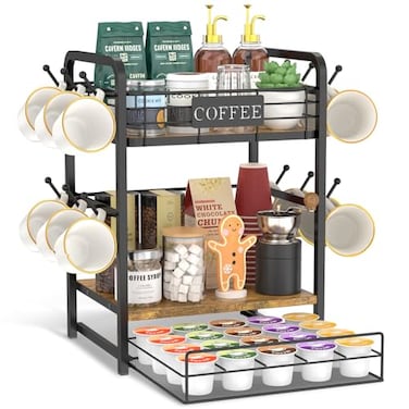 EsLuker.ly EsLukerly Coffee Bar Organizer Station Shelf Mug Holder 3 Tier Coffee Cup Stand Rack for Countertop with 12 Hooks K Cup Pod Organizer Drawer for Home Office Keeps Essentials Tidy Accessible