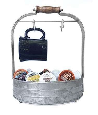 Autumn Alley Rustic Farmhouse Galvanized Coffee Mug Rack Organizer for Kitchen Counter Mug Tree with Cup Hooks and Basket for Storage of k cups and Accessories Perfect for Coffee Bar