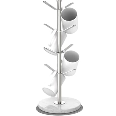 ZYZWTG Marble Mug Rack 8 Hooks Detachable Stainless Steel Coffee Cup Holder Tree 28 Hooks Freely Adjustable Modular Height Heavy Duty Base Kitchen Countertop Organizer Silver