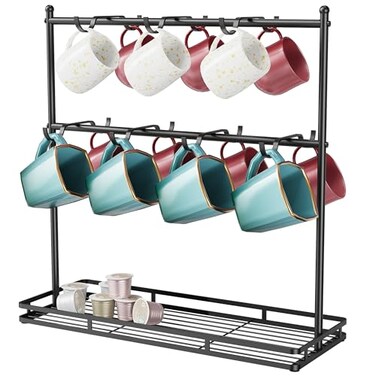 OROPY Coffee Mug Holder for Countertop 14Hook Mug Tree Rack for 14 Cups 2 Tier Mug Display Stand with Heavy Duty Metal Base