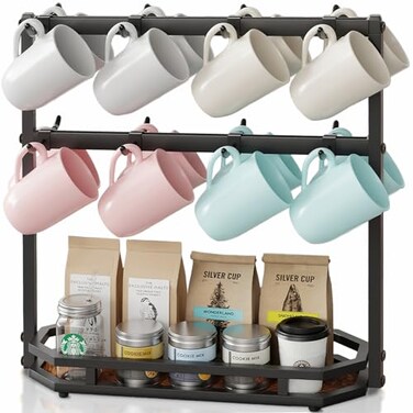 Ronjnndc Coffee Mug Holder with Movable Hooks16 Capacity Coffee Cup Holder for Countertop Metal Mug Tree Holder Rack with Storage BaseHome Storage Mug Organizer adjustable Heights Black