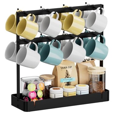 ZDDLOINP Coffee Mug Holder with 16 Movable Hooks Metal Coffee Cup Holder for Countertop 2 Tier Mug Rack with Storage Shelf for Kitchen Office Coffee Mug Rack