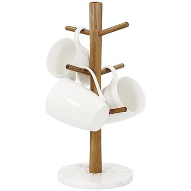 Buruis Wood Mug Holder Marble Base Cup Rack Tree Mug Stand Hanger Kitchen Coffee Tree Countertop Tea Holder Stand Coffee Cup Dryer with 6 Hooks Round Base White