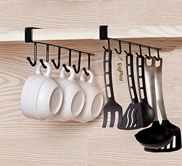 EigPluy 2pcs Mug Hooks Under Cabinet Cups Storage Hook Multifunction Self Adhesive Coffee Cups Holder Kitchen Utensil Ties Belts Scarf Hanging RackBlack