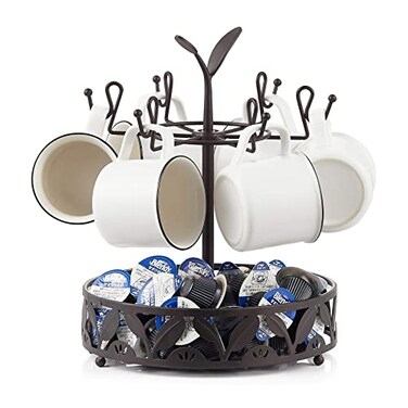 Ouseen Coffee Mug Holder with Coffee Pod Basket Storage Rotatable 6capacity Cup Mug Holder Tree Coffee Counter Bar Accessory Kitchen Organizer