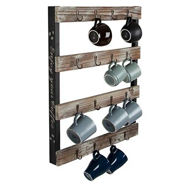 J JACKCUBE DESIGN Coffee Mug Holder Wall Mounted Rustic Wood Cup Organizer with 16Hooks Hanging Rack for Home Kitchen Display Storage and Collection MK519A