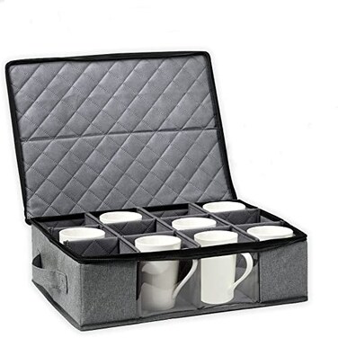 Boczif Coffee Cup Storage Box Storage Containers Holds 12 Glassware Coffee Mugs and Tea Cups Padded Dinnerware Case with Dividers Handles Zipper Lid Stackable Holders for Plate Cup Flatware