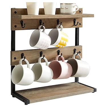IBUYKE Rustic Coffee Mug Holder Stand 2 Tier Countertop Mug Tree Holder Rack with Storage Base Vintage Mug Holders for Kitchen Holds 8 Mugs Beige UTBJ002Y