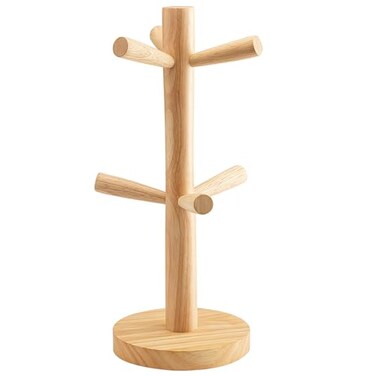 Elandy Wooden Mug Holder Tree with 6 Hooks Mug Stand Mug Rack Coffee Cup Holder Mug Hanger Tea Coffee Bar Organizer for Kitchen Counter and Display Dinnerware Storage