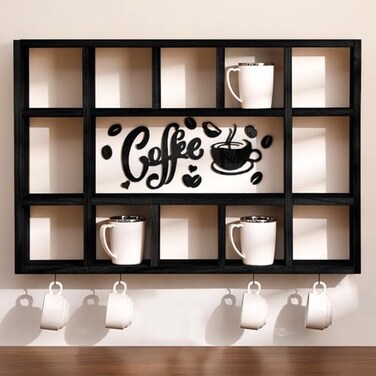 Cinnvoice Oversize Coffee Mug Display Shelf for Wall Wood Coffee Mug Rack Wall Mounted Shelf Cubes Cup Hooks Hanger with Bar Sign Decor for Kitchen Station Bar AccessoriesBlack