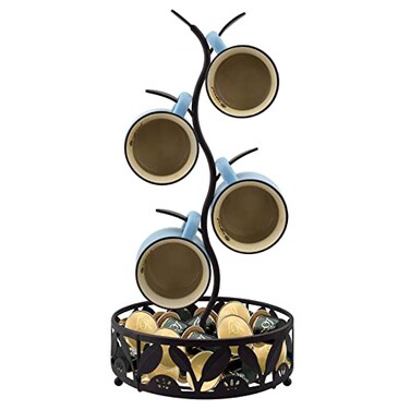 CUKE2BEET Mug Tree with Basket and Coffee Pod Storage Cup Holder Stand for Coffee Bar and Kitchen Organizer NonRotatable