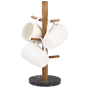 Buruis Mug Holder Acacia Wood Marble Base 6 Hooks Kitchen Countertop Coffee Tea Cups Organizer