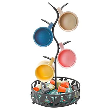 VANRA Mug Tree Holder Stand Coffee Mug Rack Countertop with Coffee Pod Basket Storage for Kitchen Counter Organizer Black Steel